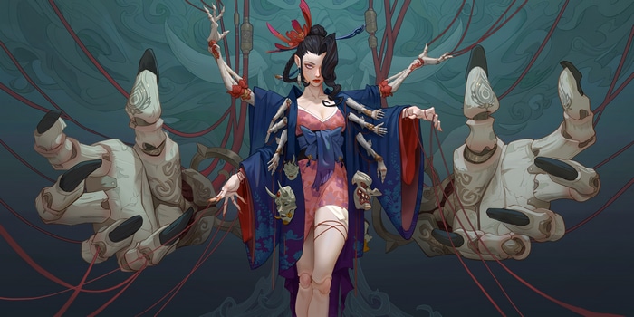 Fantasy girl with multiple arms and masks