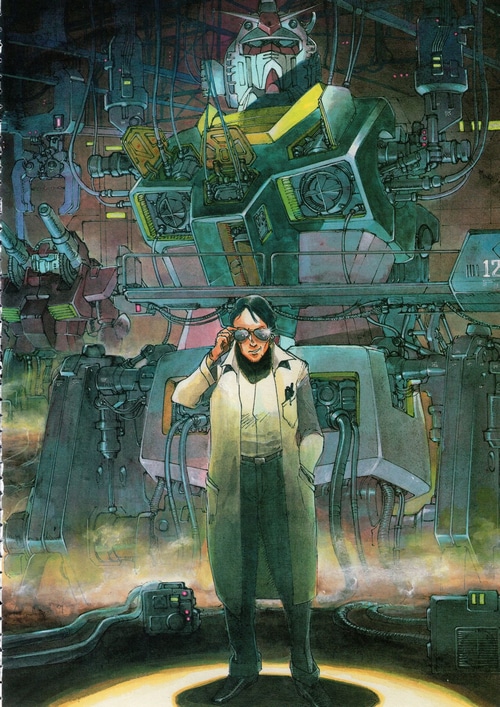 Scientist in front of a Gundam mech