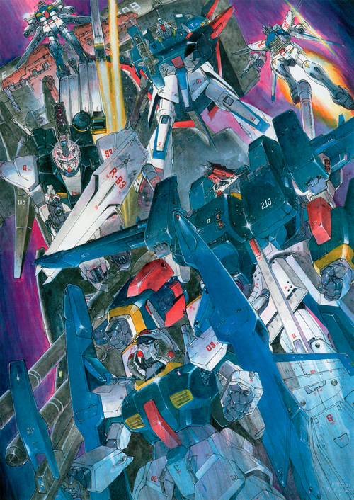 Gundam mechs in battle illustration