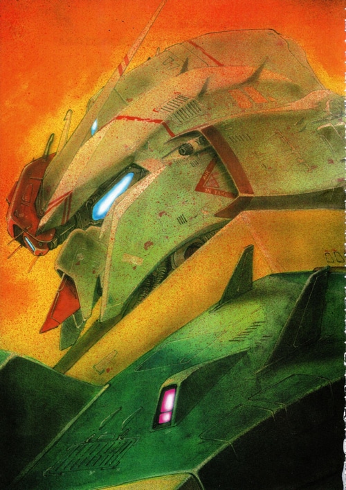 Close-up of a green and yellow mech head