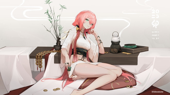 Yanfei from Genshin Impact with pink hair and green eyes