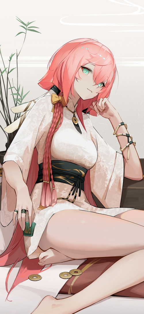 Yanfei from Genshin Impact with pink hair and green eyes