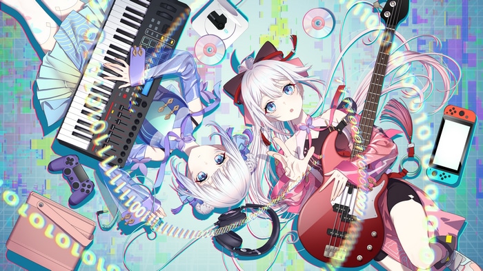 Two anime girls with musical instruments and gaming devices