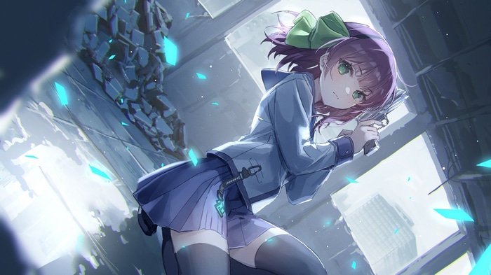 Nakamura Yuri from Angel Beats! holding a gun