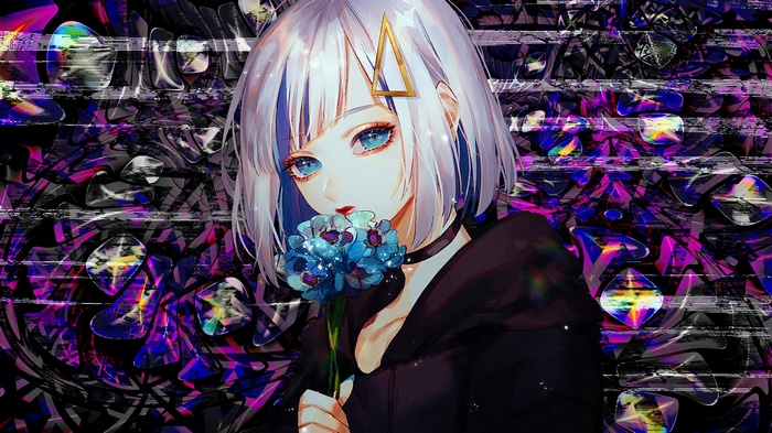 Anime girl with blue eyes and flowers