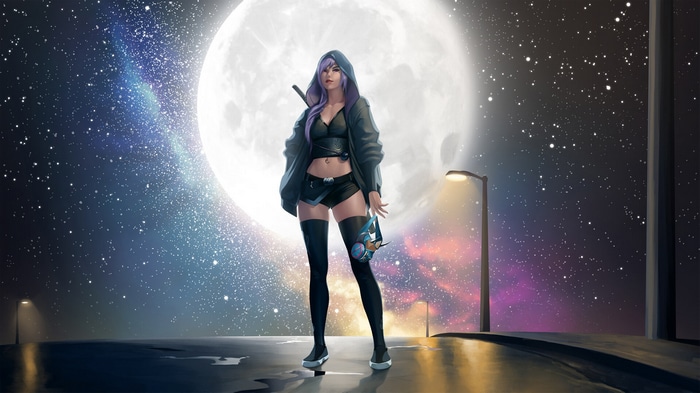 Woman with purple hair holding a mask under the Moon