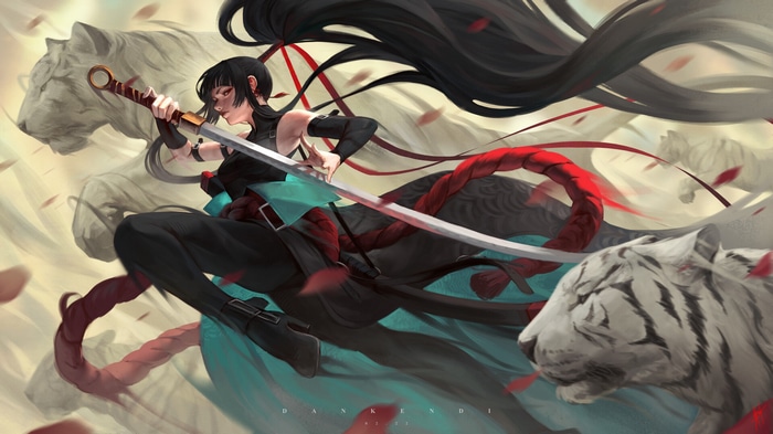 Woman warrior with katana and white tigers