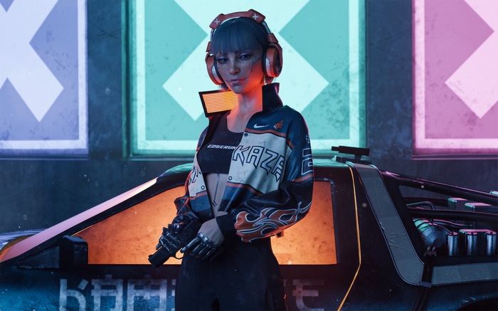 Cyberpunk girl with headphones and gun next to a car
