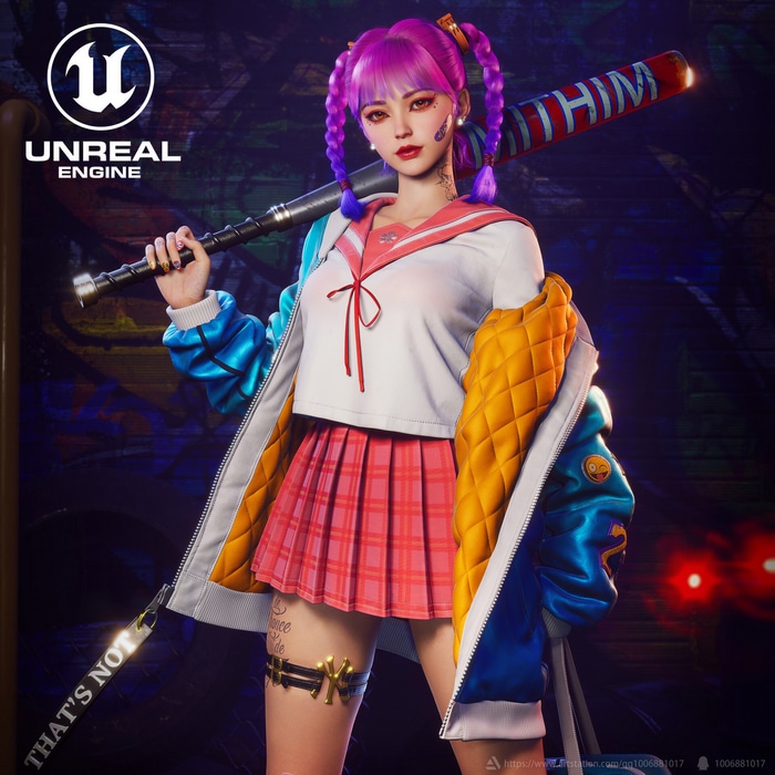 Woman with pink twintails holding a baseball bat