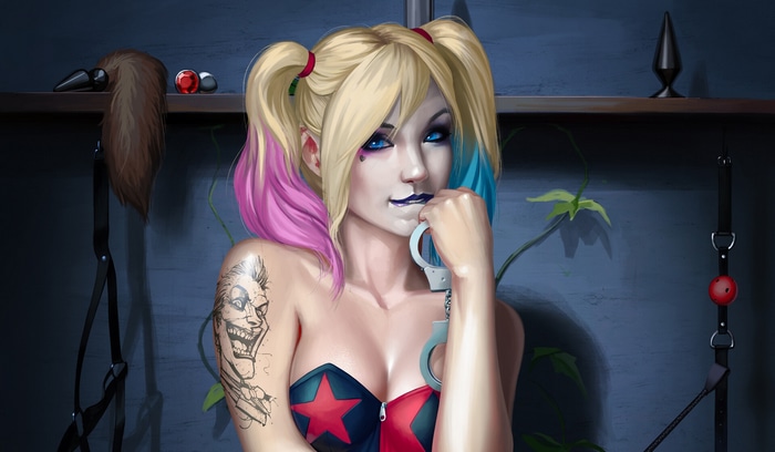 Harley Quinn with handcuffs and Joker tattoo