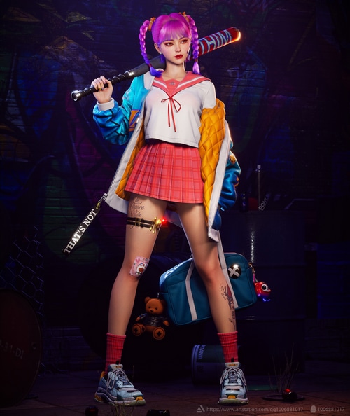 Girl with pink hair and baseball bat