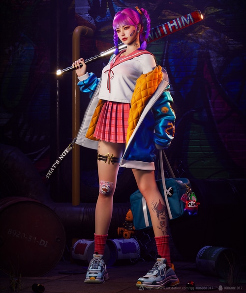 Girl with pink twintails and baseball bat