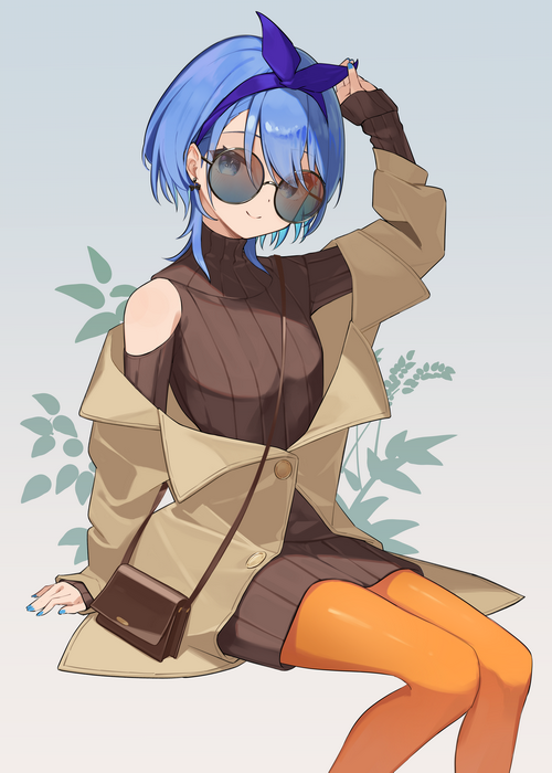 Anime girl with blue hair wearing sunglasses and a trench coat