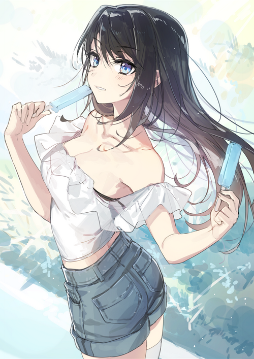 Anime girl with black hair eating a popsicle