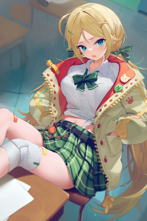 Anime girl in school uniform with green plaid skirt