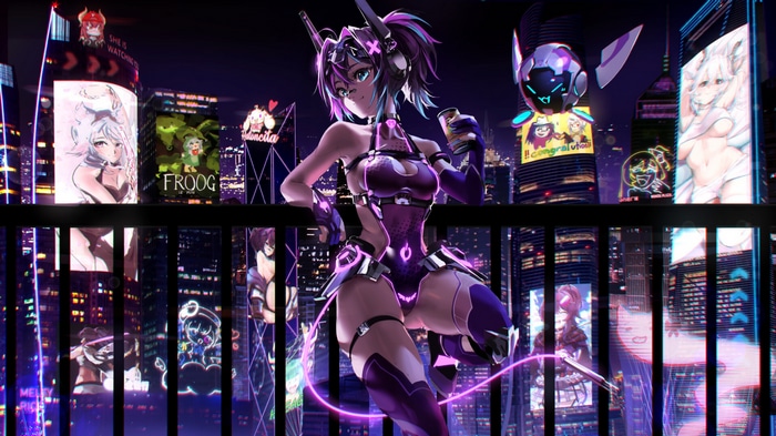 Projekt Melody in a futuristic city at night