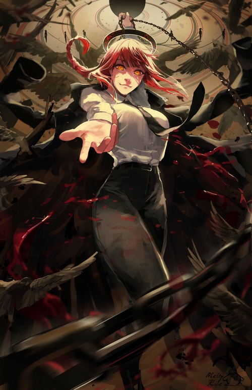 Makima from Chainsaw Man with chains and birds