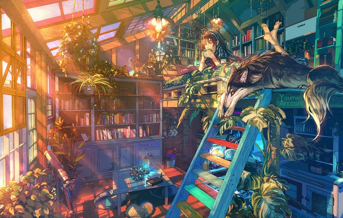 Girl and wolf in a sunlit library loft