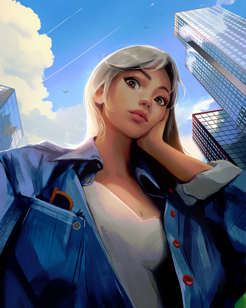 Woman in denim jacket looking up at skyscrapers