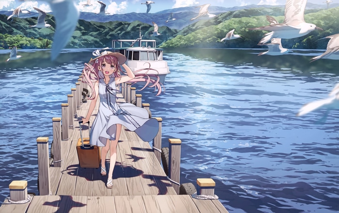 Kurumi on a Jetty with Seagulls and a Boat