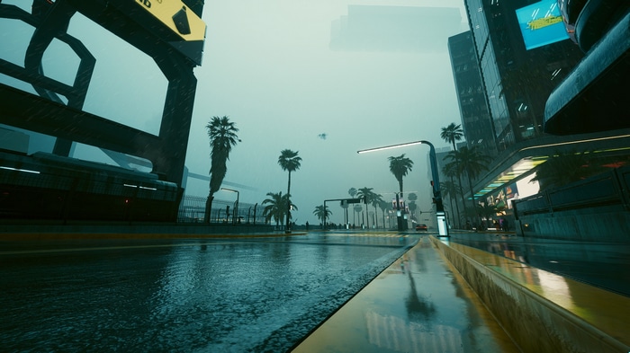 Cyberpunk 2077 city street with palm trees and rain