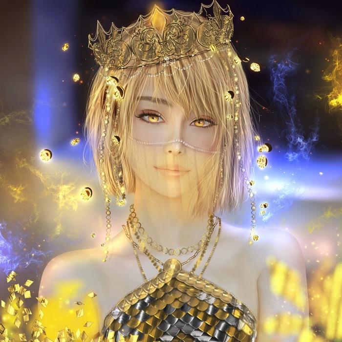 Fantasy girl with blonde hair and yellow eyes wearing a crown