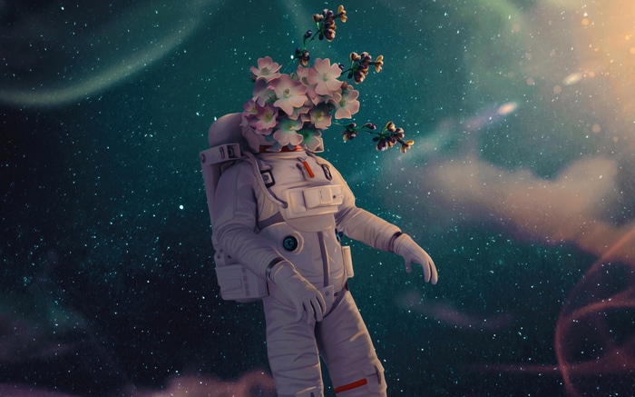 Astronaut with flowers for a head in space