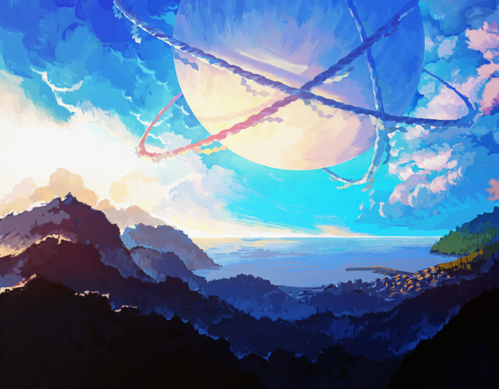 4K painting of a planet over mountains and sea