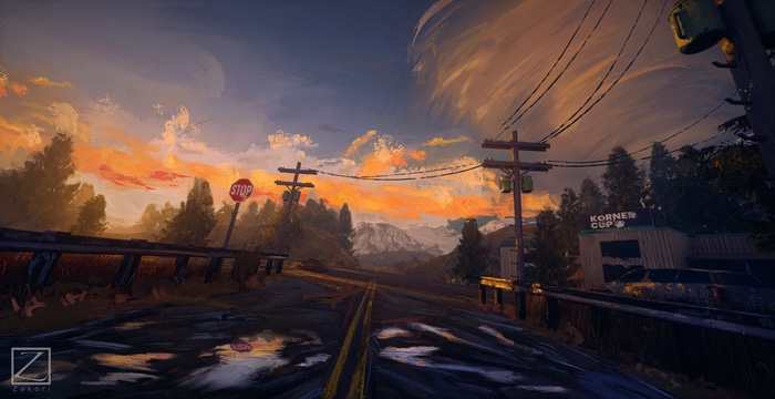 4K sunset over mountains and road painting