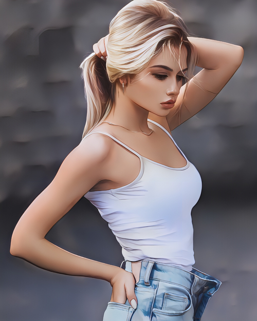 Blonde woman in a white tank top and jeans