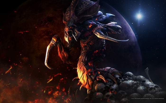 StarCraft Zerg Creature with Planet and Skulls