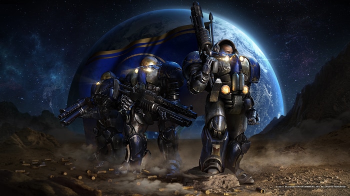 StarCraft Marines on an alien planet with Earth in the background