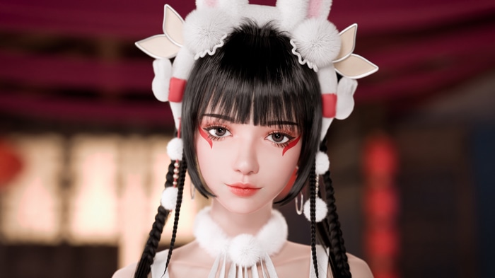 4K Asian woman with dark hair and rabbit ears