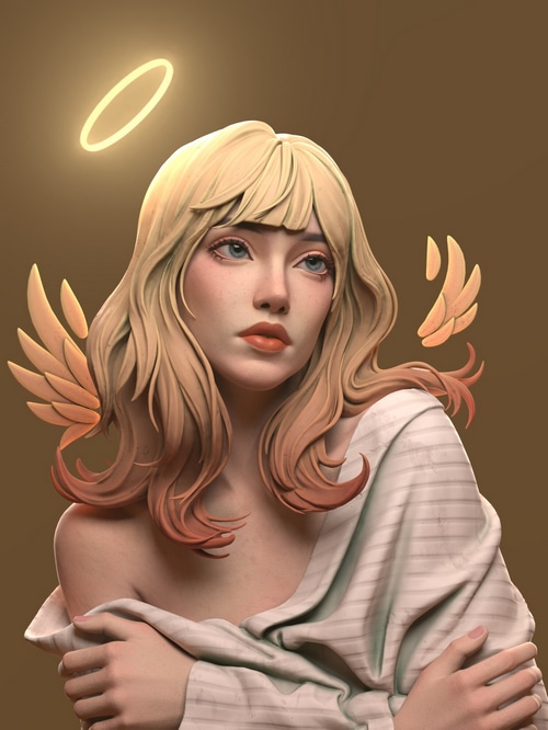 Blonde angel with halo and wings