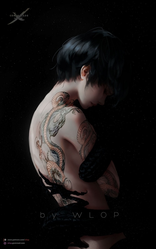 Artwork of a person with a dragon tattoo by WLOP