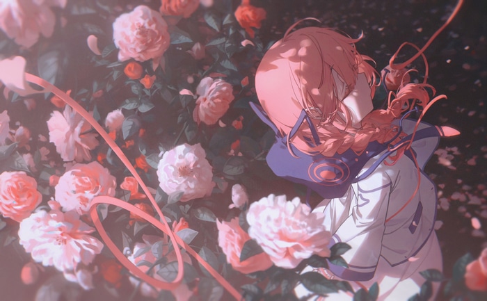 Anime girl with pink braids among pink roses