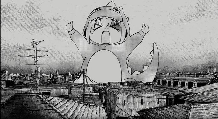 Crying Girl in Dinosaur Costume Over City