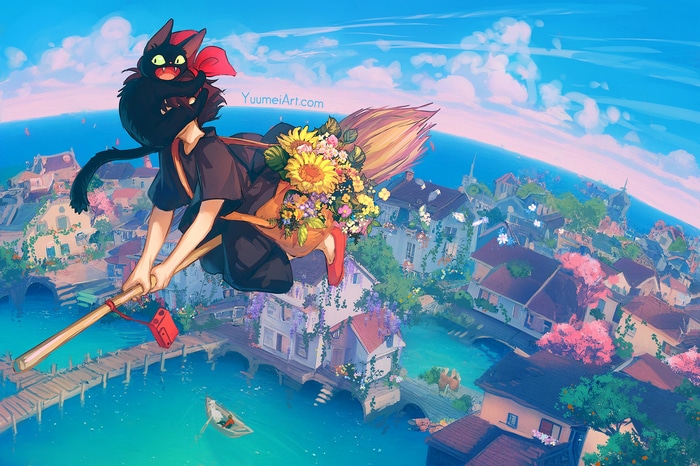 Kiki's Delivery Service: Witch flying over a town with Jiji and flowers