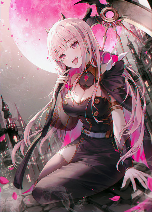 Mori Calliope with a scythe under a pink moon