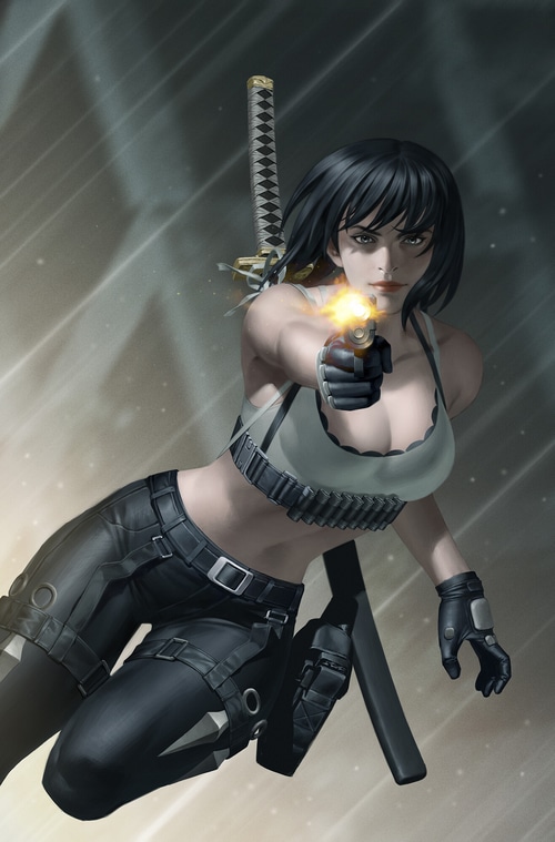 Woman with gun and sword in the rain
