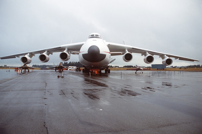Antonov An-225 Mriya aircraft on a wet tarmac