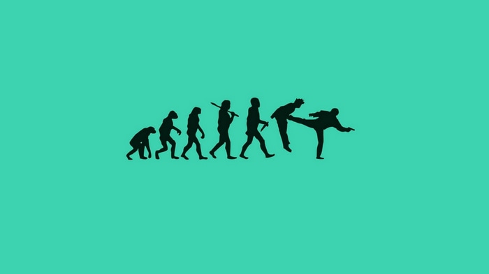 Evolution of humans to a martial artist with a gun