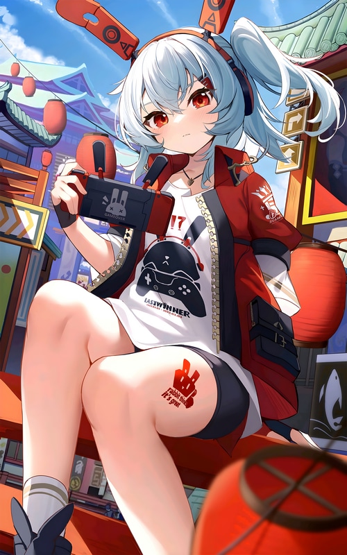 Girl with bunny ears playing Nintendo Switch