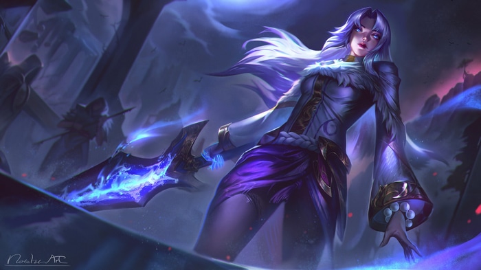 Fantasy art of a woman with blue hair and glowing eyes