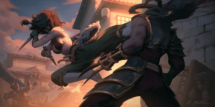Woman with knives fighting a warrior with claws