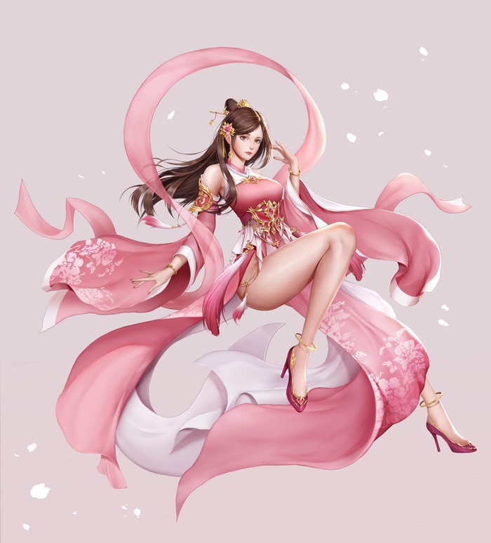 Fantasy girl in pink dress with flowing ribbons