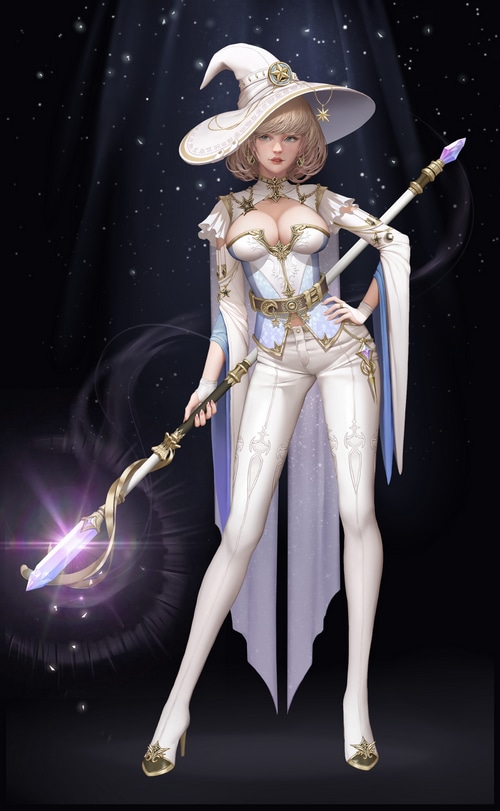Fantasy Witch with Staff and Star Hat