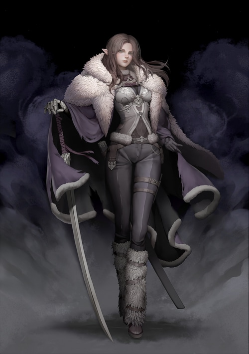 Fantasy Elf Woman with Sword and Fur Cloak