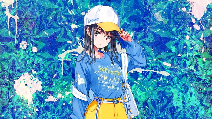 Girl with hat and blue shirt on abstract background