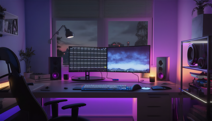 Gamer desk setup with dual monitors and purple lighting